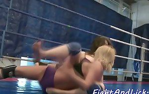 Lesbian indulge wrestles and gets fingerfucked