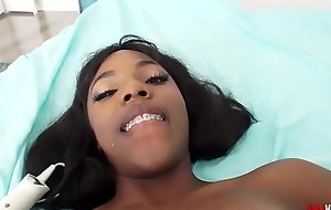 Charming Black babe Sarah Banks get her raven pussy and aggravation drilled