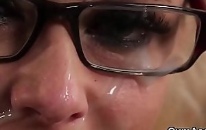 Sexy stack gets jizz shot on her face sucking all the juice