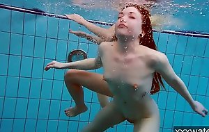Sexy Russian girls swimming in chum around with annoy pool