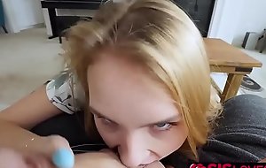Natalie practices giving will not hear of stepbro a wet blowjob!