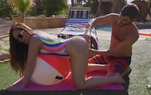 Delicious brunette fucks bearded beggar off out of one's mind the pool