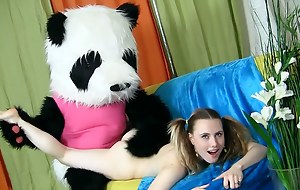 Horny girl bringing off with toy bear