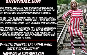 Red-white stripped lady anal wine bottle destruction