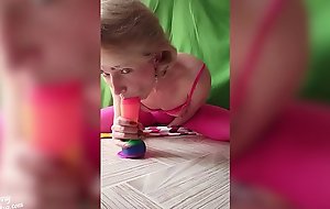 Woman Jumping on Rainbow Dildo and Playing with Butt Plug