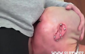 Submissive Bald Headed Slave Girl Enjoys A Brutal Sloppy Deepthroat and Facefuck Session With A Cumshot In Her Eyes