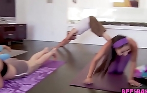 Bisexual yoga teens stop workout to fuck the news-presenter