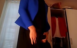 Young amateur cross dresser secretary teasing and masturbating in red hot trench, sexy blue blazer and beautiful black dress