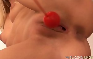 Attractive blonde rookie uses beads to pleasure her orgasmic cunt