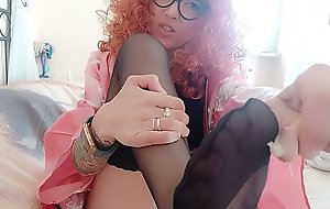 my cousin, the enchanting redhead, shows herself in stockings and plays with the mini penis