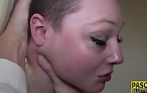 Throated submissive gets fucked and whipped