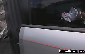 Streaking busty Latina teen blows dick