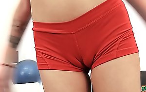 Round Ass TEEN Physical Out in Grasping Lycra Shorts Cameltoe.